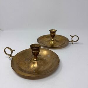 Vintage Brass Chamberstick Candle Holders Pair Ring Handle